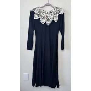 Vtg Jane Singer Black Lace Collar Midi Dress Sz 8 Wool Blend Dark Academia Goth